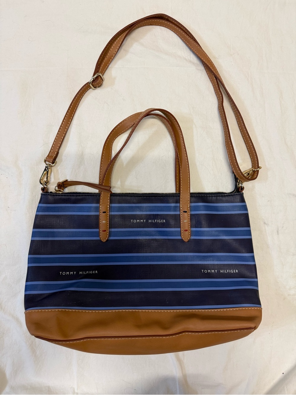 Tommy Hilfiger Blue Striped Convertible Satchel Handbag Medium